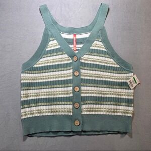UNIONBAY Brigitte Striped Knit Sweater Tank Top Green White Cotton Cropped Large